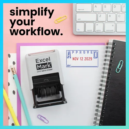 Vista 8 de ExcelMark 2445 Sello de fecha con texto – tinta azul y roja (montaje gris, aprobado)