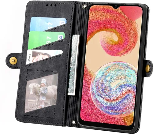 Vista 6 de Asuwish Funda para teléfono Samsung Galaxy A04e con protector de pantalla de vidrio templado y correa para la muñeca de cuero con cremallera