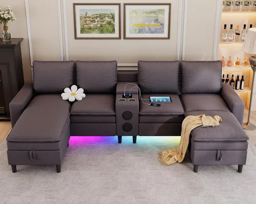 Vista 10 de Sofás seccionales para sala de estar, sofá modular de 4 asientos con módulo inteligente, altavoz Bluetooth, luz RGB, estación de carga, sofá de nube