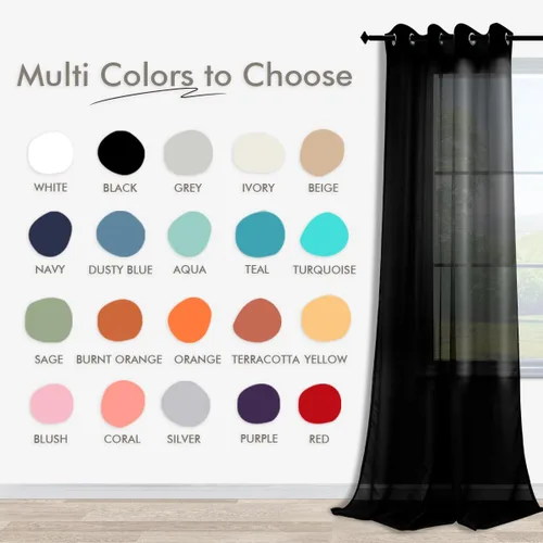Vista 2 de KOUFALL Cortinas traslúcidas negras de 45 pulgadas de largo para ventanas de sótano, juego de 2 paneles con ojales, cortinas cortas Negro