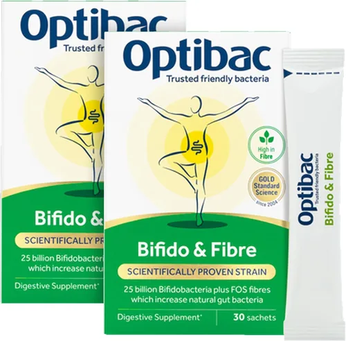 Vista 8 de Optibac Probióticos en polvo con bifidobacterias y fibra, 30 sobres 25 mil millones de UFC + 0.14 oz de fibra FOS Mezcla vegana de probióticos