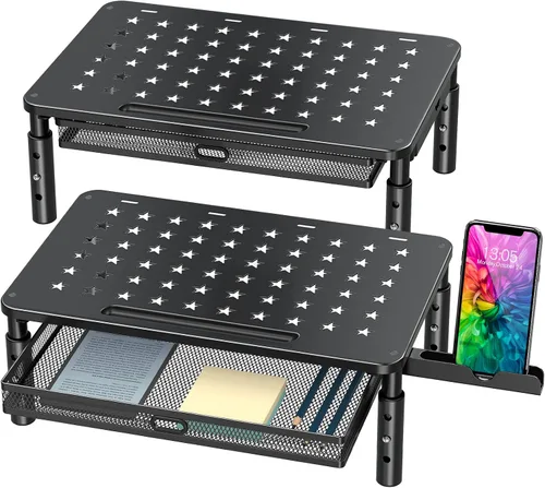 Vista 8 de Zimilar Soporte elevador para monitor con cajón de malla metálica, elevador de monitor de altura ajustable con soporte para teléfono