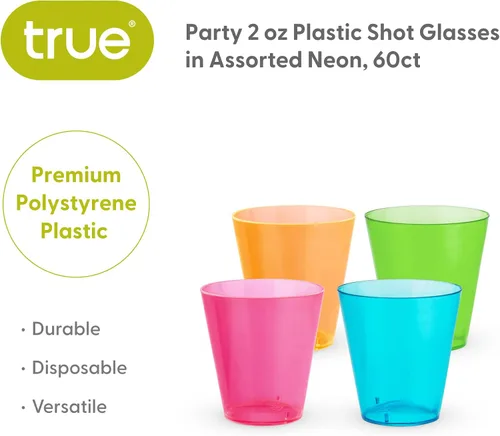 Vista 2 de True Vasos de chupito de plástico multicolor neón para fiestas, vasos desechables para beber al aire libre, colores surtidos, 2 onzas, juego de 60