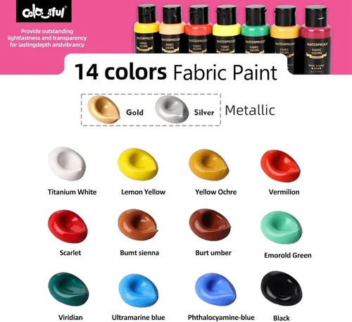 Vista 2 de Colorful Pintura permanente para tela, 14 colores de pintura de tela suave en botellas (1.0 fl oz/1 oz) con pinceles, paleta, pintura textil