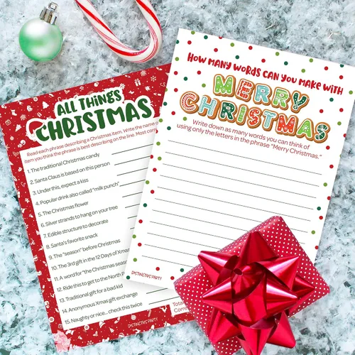 Vista 2 de DISTINCTIVS Juegos de Fiesta de Navidad, (Paquete de 2 Juegos) - Trivia de Todo sobre Navidad y Juego de Palabras Anagramas - 25 Tarjetas de Doble
