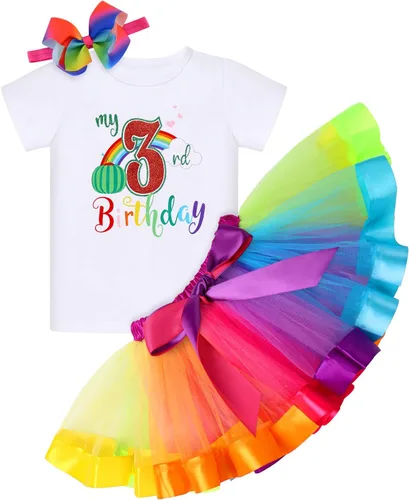 Vista 7 de IBAKOM Conjunto de ropa de 3 piezas para bebé niña de 1er cumpleaños + tutú de tul de princesa arcoíris + diadema con lazo, conjunto de ropa de 3
