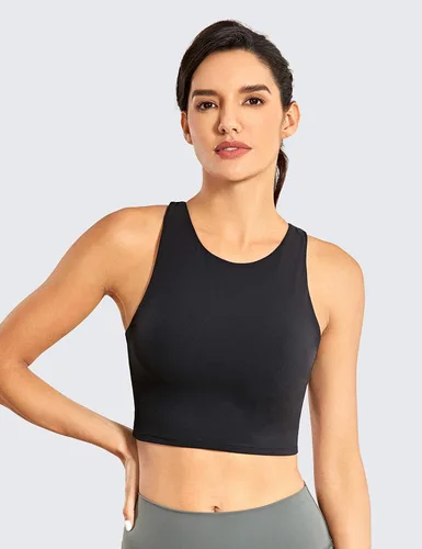 Vista 3 de CRZ YOGA - Brasier deportivo de cuello alto con espalda cruzada para mujer ombliguera para yoga con brasier incorporado, Negro, S