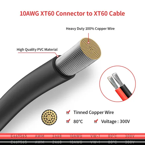 Vista 4 de ELFCULB Cable de extensión XT60 de 10 AWG de 0.5 pies, conector hembra a macho XT60 para batería RC, estación de energía portátil, panel solar