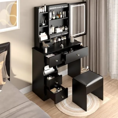 Vista 7 de Escritorio de maquillaje con espejo abatible y taburete, moderno juego de mesa de maquillaje, 2 potencias de CA y 2 puertos USB, juego de tocador