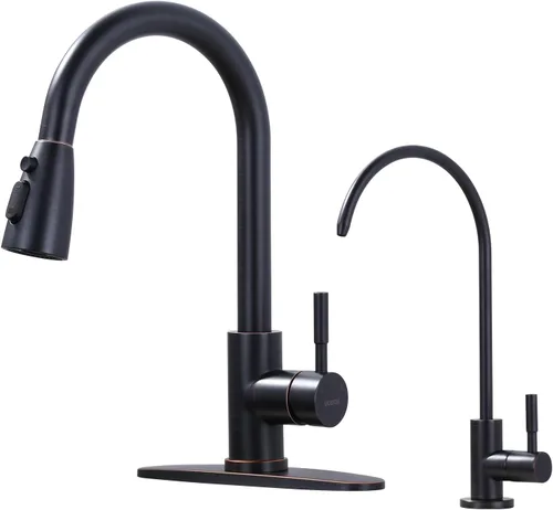 Vista 19 de WOWOW Grifo de cocina con rociador, grifo de fregadero de cocina, acero inoxidable SUS 304, grifo de cocina de níquel cepillado de arco alto