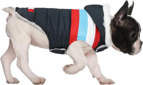 Vista 20 de HDE Chaqueta acolchada para perro, con forro polar, abrigo de invierno cálido para perro con agujero para arnés a rayas rosas, talla S Raya rosa