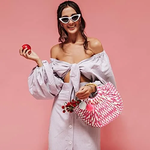 Vista 3 de Bolsa de paja para mujer Bolsa de playa tejida para bolso de verano Bolso de mano con mango de bambú, Rosado
