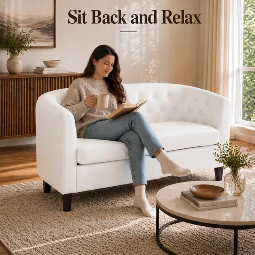 Vista 6 de Naomi Home Sillón de barril, sofás de dos plazas con botones acolchados de piel sintética, sofá moderno de dos plazas de piel sintética, sillones