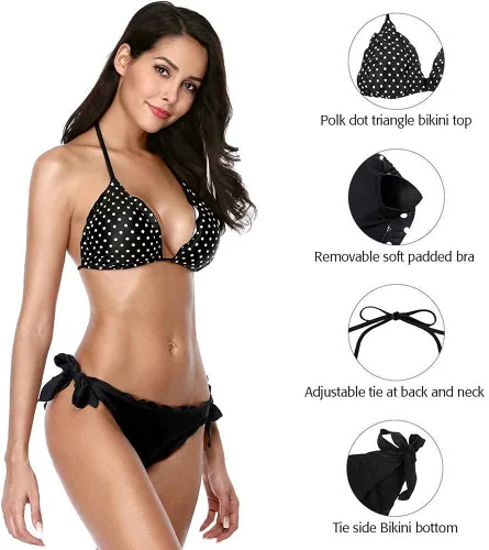 Vista 3 de CharmLeaks - Bikini cuello halter corte triangular, traje de baño de dos piezas, lazo lateral