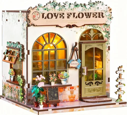 Vista 12 de Kit de construcción de casa en miniatura DIY, kit de rincón de lectura de panadería, rompecabezas de madera en 3D para estanterías, kit de casa