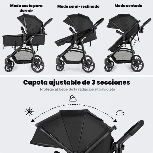Vista 3 de Baby Joy - Cochecito de bebé, 2 en 1 convertible para cochecito de bebé, cochecito con cubierta para pies, soporte para tazas, gran espacio de Negro