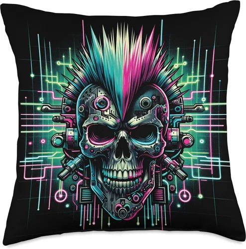 Vista 4 de Punk Rock Cyborg Skull Trendy Retro Cyberpunk Vaporwave Throw Pillow