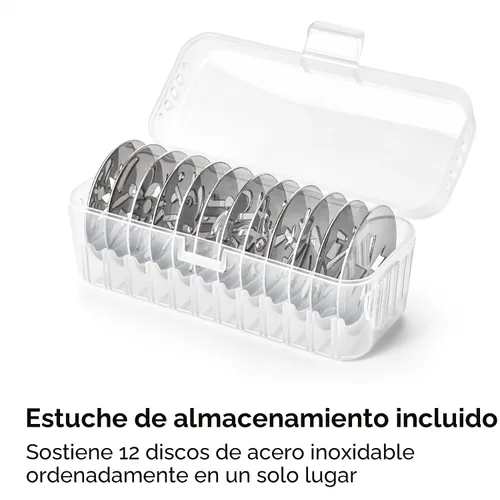 Vista 7 de OXO Good Grips Juego de Prensa para Galletas de 14 Piezas, Prensa para Galletas con 12 Discos de Acero Inoxidable y Estuche de Almacenamiento