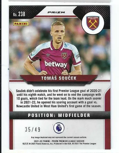 Vista 2 de TOMAS SOUCEK 2021-22 Panini Prizm English Premier League Soccer #238 TEAL BREAKAWAY PRIZM PARALLEL Card #35 of only 49 Made! West Ham United Czech
