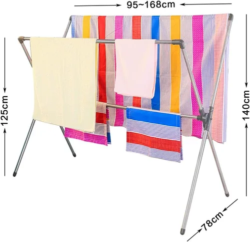 Vista 9 de BAOYOUNI Estante plegable de secado de ropa de acero inoxidable con doble poste, barras expandibles, ahorro de espacio, retráctil, resistente