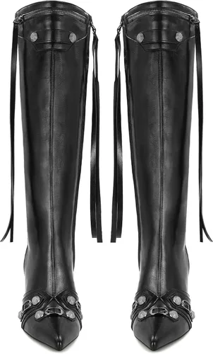 Vista 3 de Dsevht Botas altas hasta la rodilla negras de aguja para mujer, botas de tacón alto de moda con cremallera