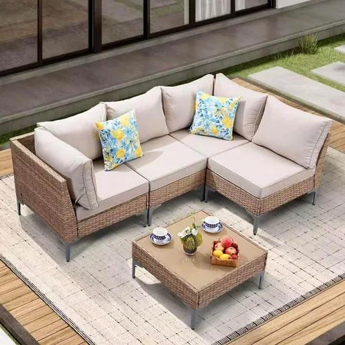Vista 6 de JOYURE Juego de muebles de mimbre para patio, sofá biplaza de conversación al aire libre con mesa auxiliar, sofá de exterior para todo tipo de clima
