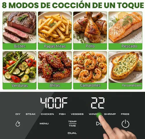 Vista 3 de NutriChef Freidora de aire de doble cesta de vidrio de tamaño familiar de 8.5 cuartos de galón Modos de cocción dual preestablecidos 8 en 1 Negro