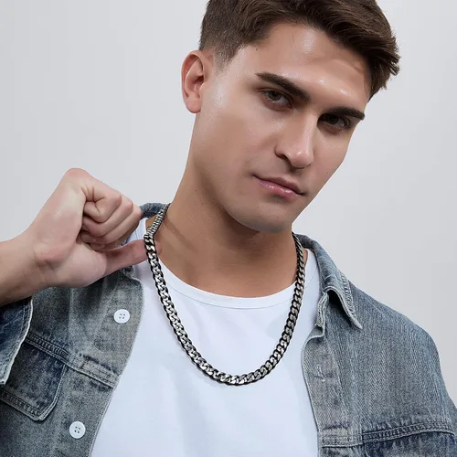 Vista 38 de YAMI Cadena de eslabones cubanos para hombre, azul/negro/oro de 14 quilates, acero inoxidable de 0.394-0.472 in de grosor, collar de cadena