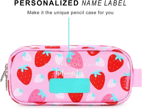 Vista 5 de Lapicera para niñas, estuche con divisiones múltiples para lápices, diseño de fresas color rojo