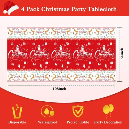 Vista 8 de Paquete de 3 manteles navideños desechables de plástico, manteles de mesa navideños rectangulares rojos para fiestas, con estampado de árbol