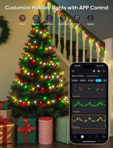 Vista 6 de Ollny Luces de Navidad inteligentes, 66 pies, 200 LED, control de aplicación, RGB que cambian de color, luces de árbol de Navidad con control
