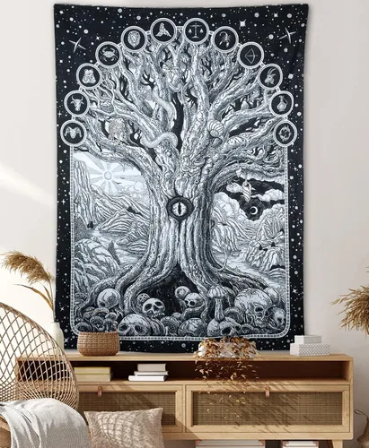 Vista 8 de ZYLLGLOW Tapiz de hongos trippy, tapiz de luna y estrellas, tapiz rosa de caracol, tapiz de plantas y hojas de fantasía, tapices de ojos trippy