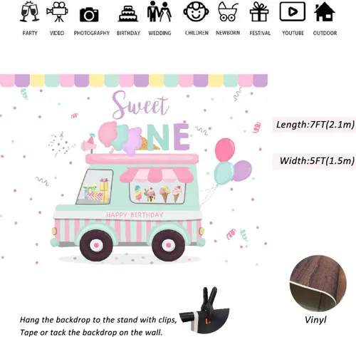 Vista 5 de Lofaris Telón de fondo para tienda de helados con texto en inglés «Happy Birthday» Sweet One Summer Baby Girls Party Photography Background 1st