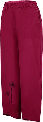 Vista 2 de Pantalones de lino para mujer, largos de algodón y cintura retráctil irregular, pantalones casuales con estampado de diente de león