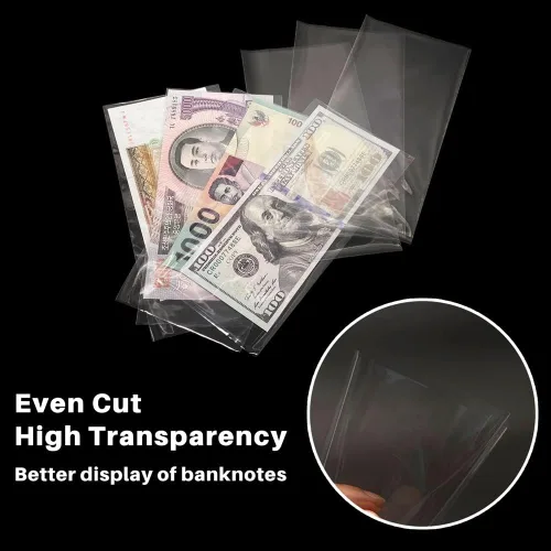 Vista 4 de Smatagee 200 fundas de plástico transparente para billetes con caja de almacenamiento, protector de láminas para moneda, dinero, billetes, billetes