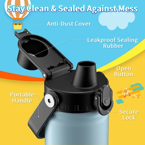 Vista 3 de baab Botella de Agua para Niños de 18 oz, Botella de Agua Aislada para Niños con Tapa de Boquilla Bloqueable y Calcomanías, Taza de Agua para Niños