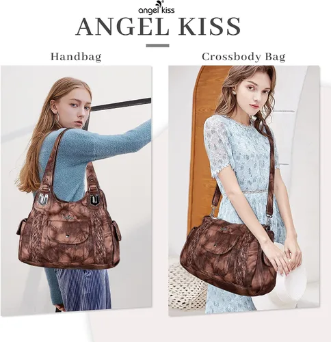 Vista 2 de Angelkiss - Bolsos y bolsos de mano para mujer, de cuero vegano lavado, bolso cruzado estilo hobo