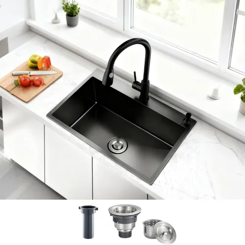 Vista 17 de Fregadero de barra empotrable de 13 × 15 pulgadas negro - Fregadero de cocina pequeño de montaje superior de un solo cuenco, hecho a mano de acero