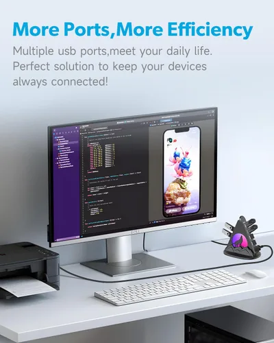 Vista 4 de Hub USB 3.0, concentrador USB de 7 puertos con luz nocturna RGB y base, divisor USB vertical para escritorio, laptop, MacBook, Xbox, PS4/5, consola