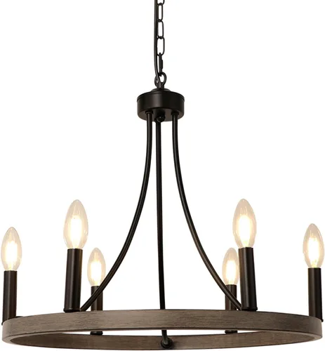 Vista 8 de Candelabro de rueda de vagón, 6 luces, rústico, rústico, de granja, de metal negro, lámpara de comedor de madera, candelabros redondos para entrada