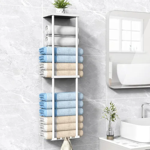 Vista 8 de Liuoud Toallero para Baño, Organizador Portador de Almacenamiento de Toallas Enrolladas Vertical Montado en la Pared con Estante, Sostiene Hasta 6
