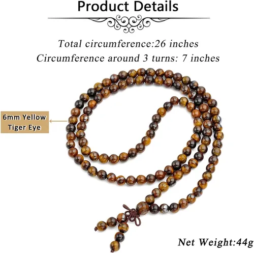 Vista 12 de Jovivi Collar tibetano de 0.236 in 0.315 in, 108 cuentas de piedras preciosas naturales de ojo de tigre de oración Mala