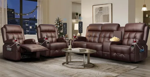 Vista 21 de Sofá reclinable de dos plazas para cine en casa, sofá reclinable de pared con USB, portavasos, sillón reclinable de tela de guijarros, sofá cama