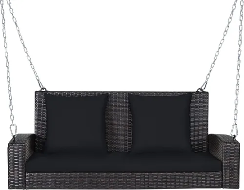 Vista 11 de RELAX4LIFE - Columpio de mimbre de 2 asientos, con dos cadenas de acero sólido de 7.9 pies, cómodos cojines de respaldo y asiento, para pórtico