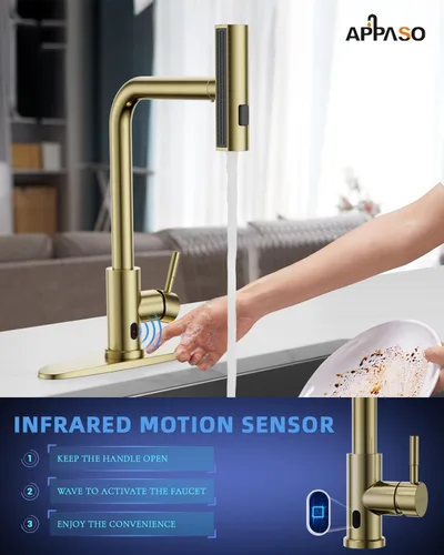 Vista 2 de APPASO Grifo de Cocina Dorado Sin Contacto con Rociador Desplegable, Grifo de Fregadero de Cocina con Sensor de Movimiento Tipo Cascada con Mango