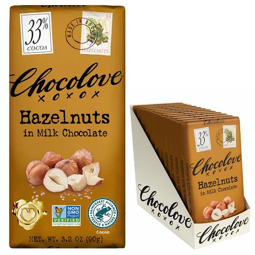Vista 13 de Chocolove XOXO Avellanas en barra de chocolate con leche - Barra de 3.2 oz