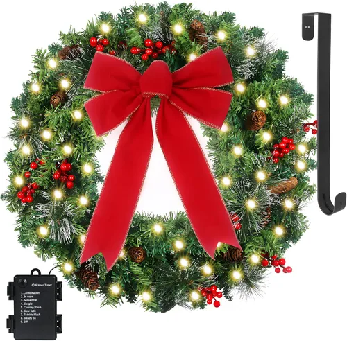 Vista 9 de Corona de Navidad Prelit de 24 pulgadas con Colgador para Puerta Delantera, Decoraciones de Navidad, 8 Modos de Luz, Impermeable, Funciona