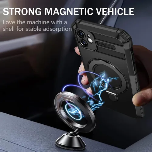 Vista 2 de Funda magnética para iPhone 11 [compatible con MagSafe] con 2 protectores de pantalla de vidrio templado con soporte de anillo, grado militar