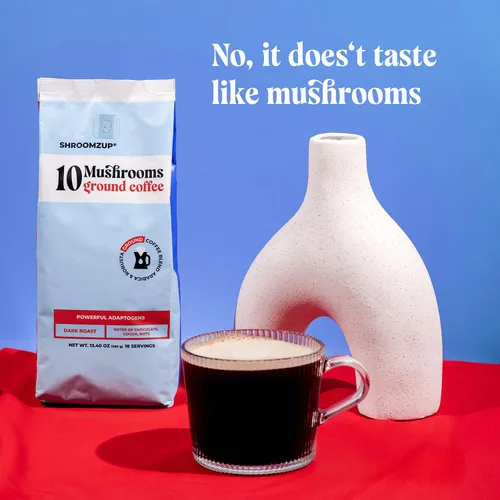 Vista 6 de Shroomzup Café de hongos molidos para preparar – 10 hongos tostado oscuro – melena de león, reishi, chaga, cola de pavo, cordyceps, café de hongos