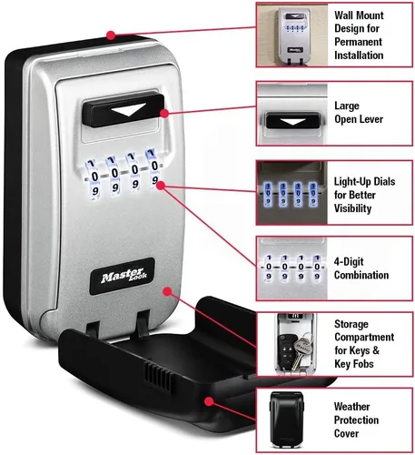 Vista 2 de Master Lock 5425D - Caja de seguridad para montaje en pared con diales iluminados, establece tu propia combinación, capacidad de 6 llaves